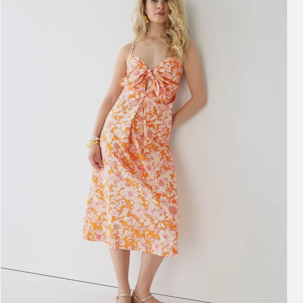J. CREW  FLORAL COTTON POPOLIN TIE FRONT MIDI DRESS Size Small